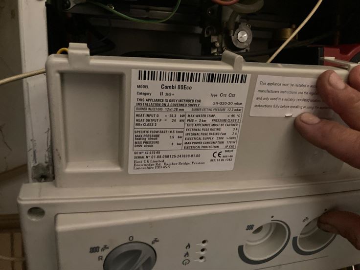 Original Baxi Combi 80 Eco boiler opened for inspection at the Grange Road property