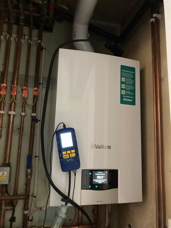 New Vaillant ecoTEC plus 635 installed in the Mill Hill boiler cupboard during testing