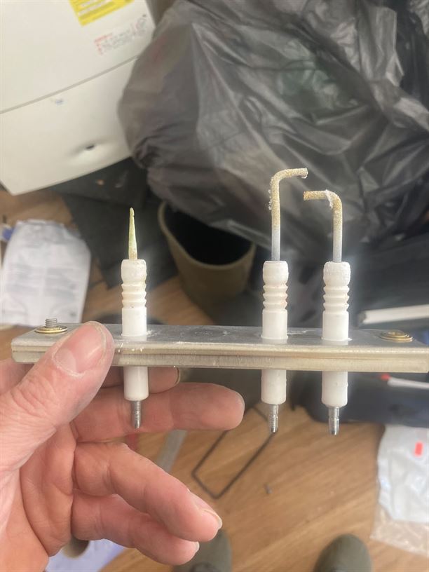 Electrode assembly inspected during Worcester Bosch Greenstar CDi boiler repair